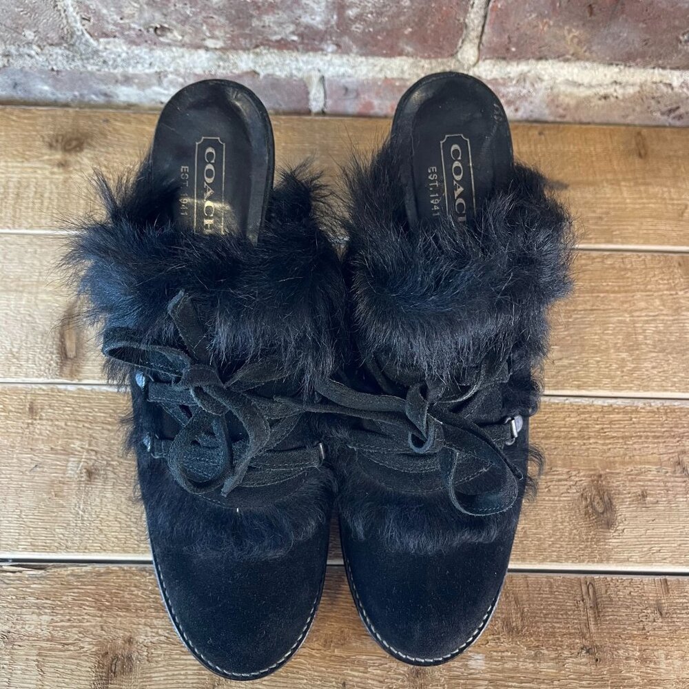 Coach 9618 Kristy Suede Heeled Mule Fur Trim Lace Up Women's Black Size 9 - Picture 7 of 9